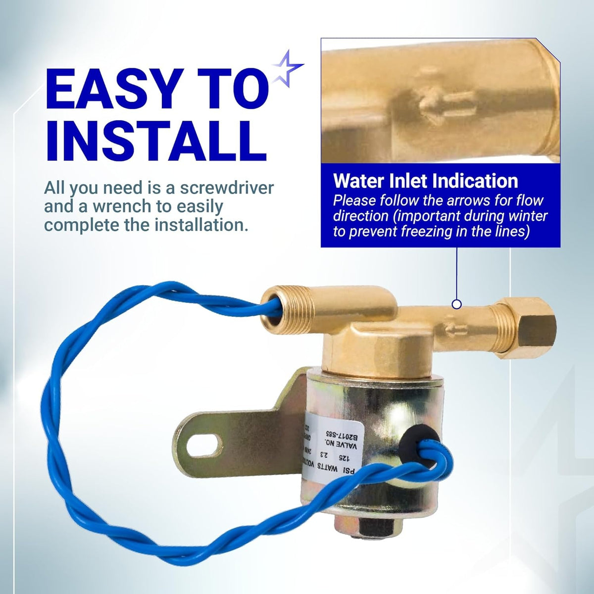 24V humidifier solenoid valve showing water inlet flow direction arrow for easy installation.