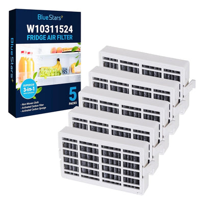 Five W10311524 refrigerator air filter cartridges with retail packaging box.