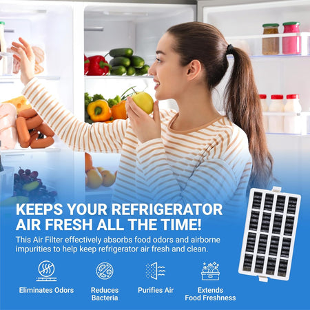 Woman holding an apple in front of a refrigerator with a W10311524 air filter cartridge shown in the corner.