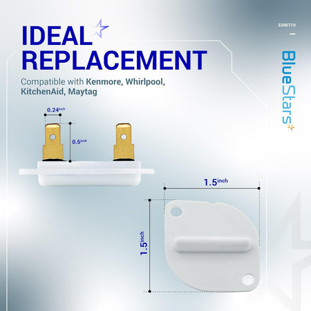 3390719 dryer thermal fuse showing dimensions and compatibility for Whirlpool and Kenmore dryers.
