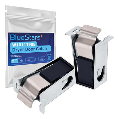 Two W10111905 dryer door catches with metal housing and black rubber pads, shown with BlueStars retail packaging.