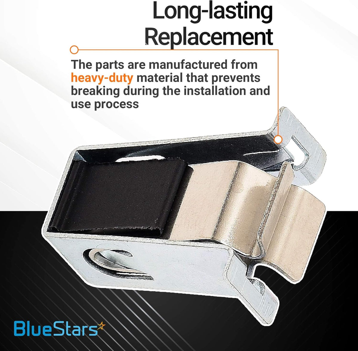 Close-up of W10111905 dryer door catch replacement part showing heavy-duty metal construction.