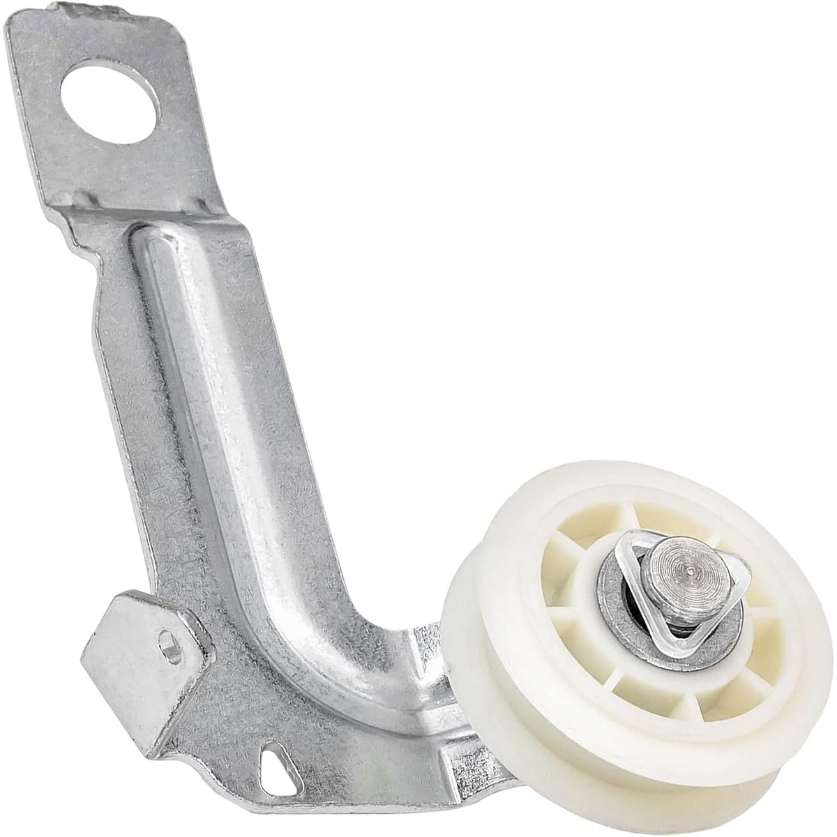 W10547292 Dryer Idler Pulley, close-up view of the white pulley wheel mounted on a metal bracket