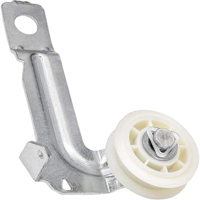 W10547292 Dryer Idler Pulley, close-up view of the white pulley wheel mounted on a metal bracket