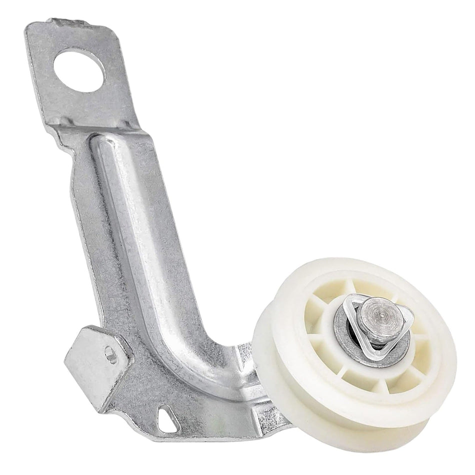W10547292 dryer idler pulley assembly with metal bracket and white plastic wheel for Whirlpool dryers.