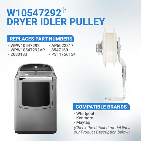 W10547292 Dryer Idler Pulley graphic showing the pulley, dryer, replacement part numbers, and compatible brands