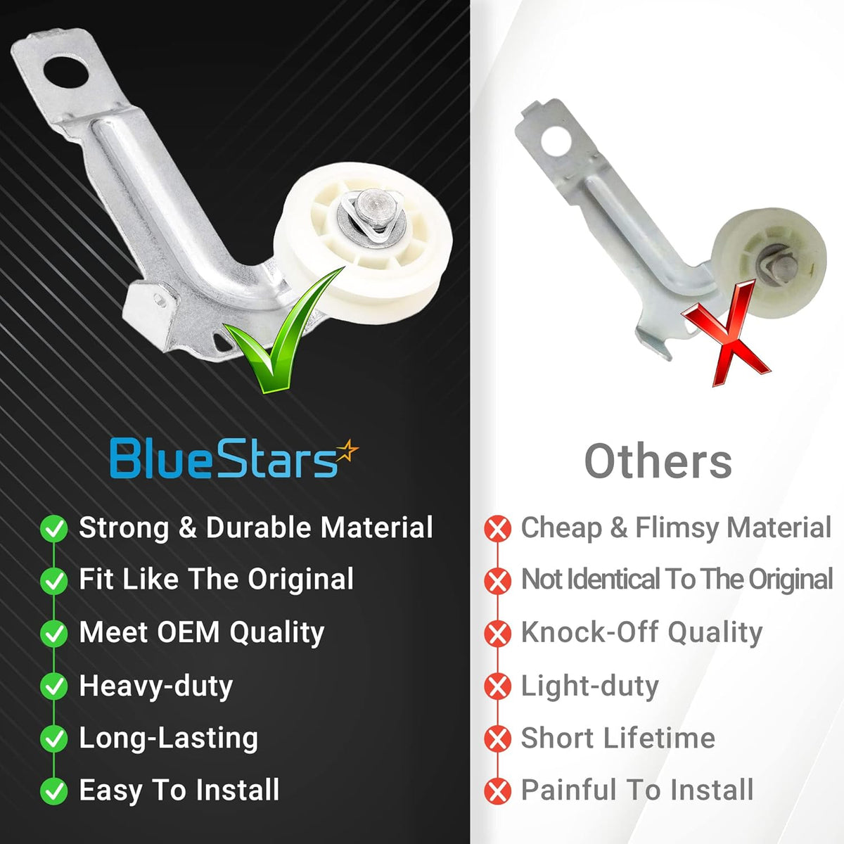 Comparison chart showing W10547292 dryer idler pulley quality versus generic alternatives.
