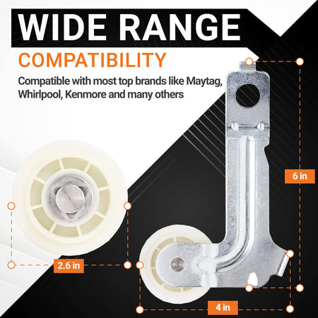 W10547292 dryer idler pulley assembly with dimensions shown for Whirlpool, Maytag, and Kenmore dryers.