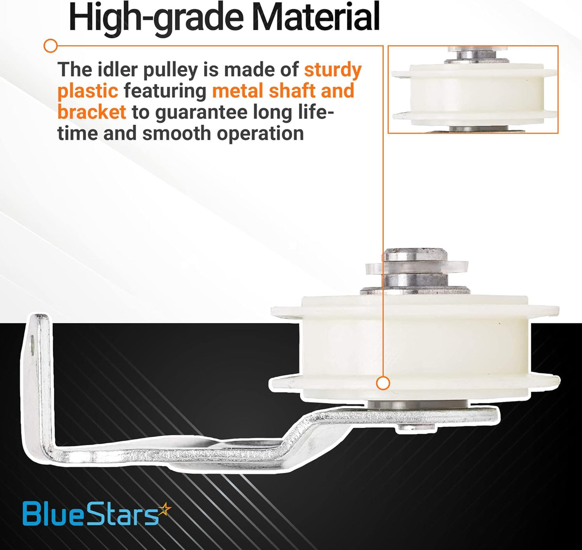 W10547292 dryer idler pulley with metal bracket and shaft, showing high-grade plastic construction.