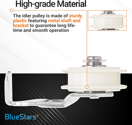 W10547292 dryer idler pulley with metal bracket and shaft, showing high-grade plastic construction.