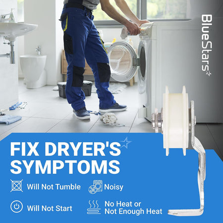 W10547292 Dryer Idler Pulley symptom graphic showing an open dryer, pulley illustration, and listed dryer symptoms