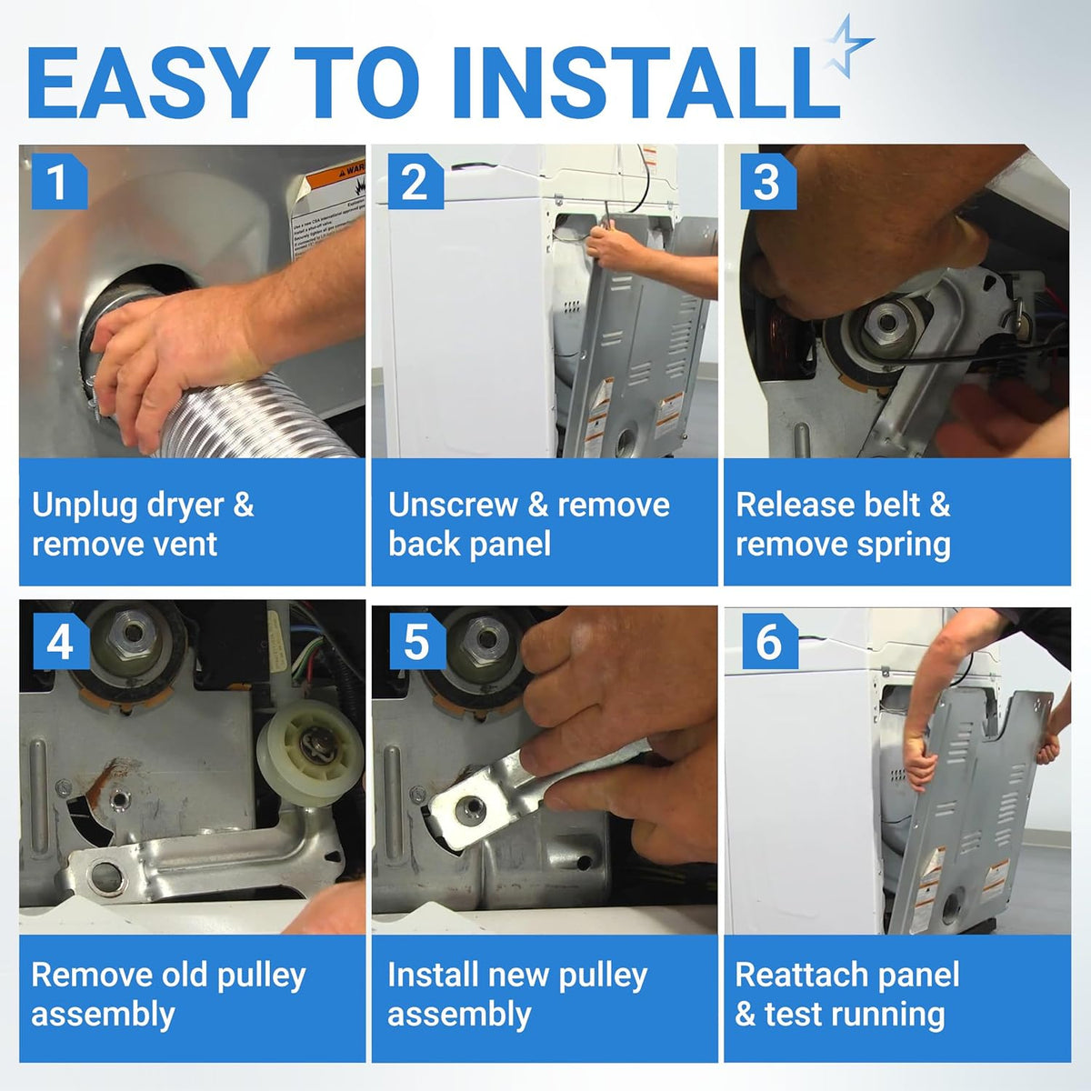 W10547292 Dryer Idler Pulley, six-step installation guide showing pulley removal, replacement, and dryer reassembly