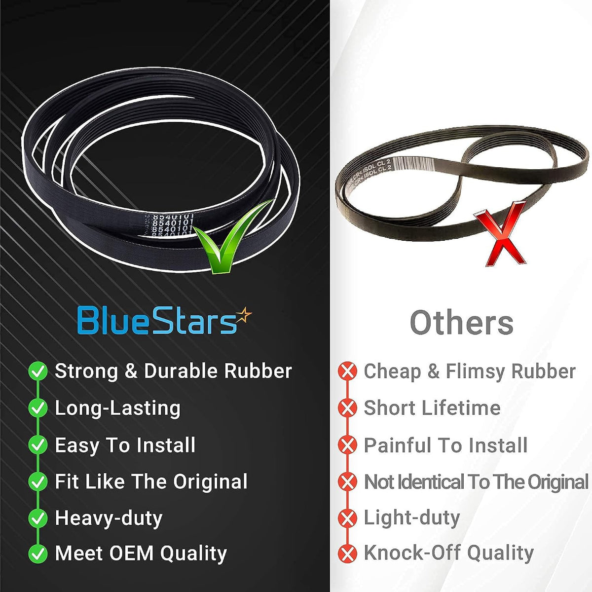 8540101 Washer Belt comparison graphic showing BlueStars belt versus an “Others” belt with quality labels