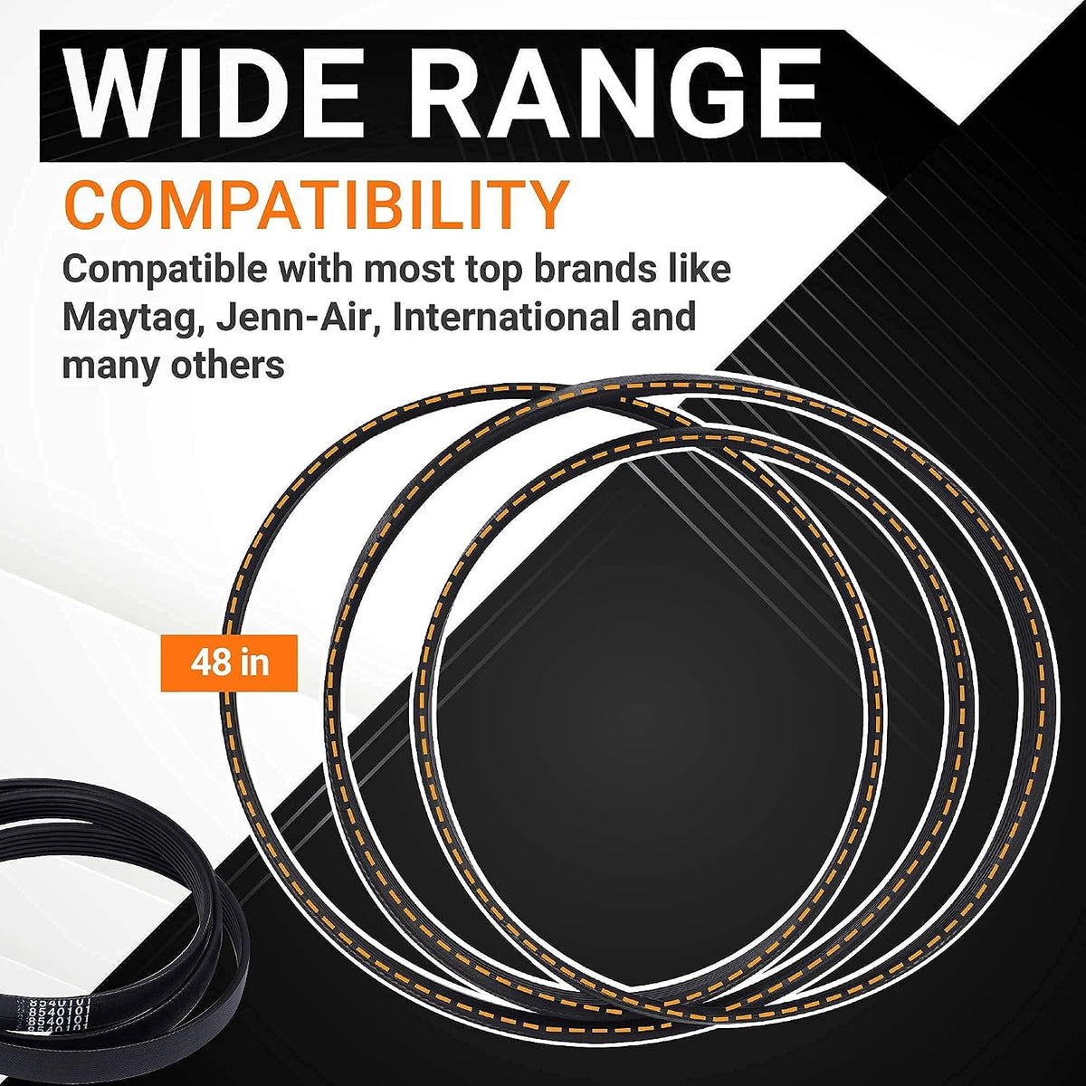 8540101 Washer Belt, compatibility graphic showing multiple belts with a 48 in label