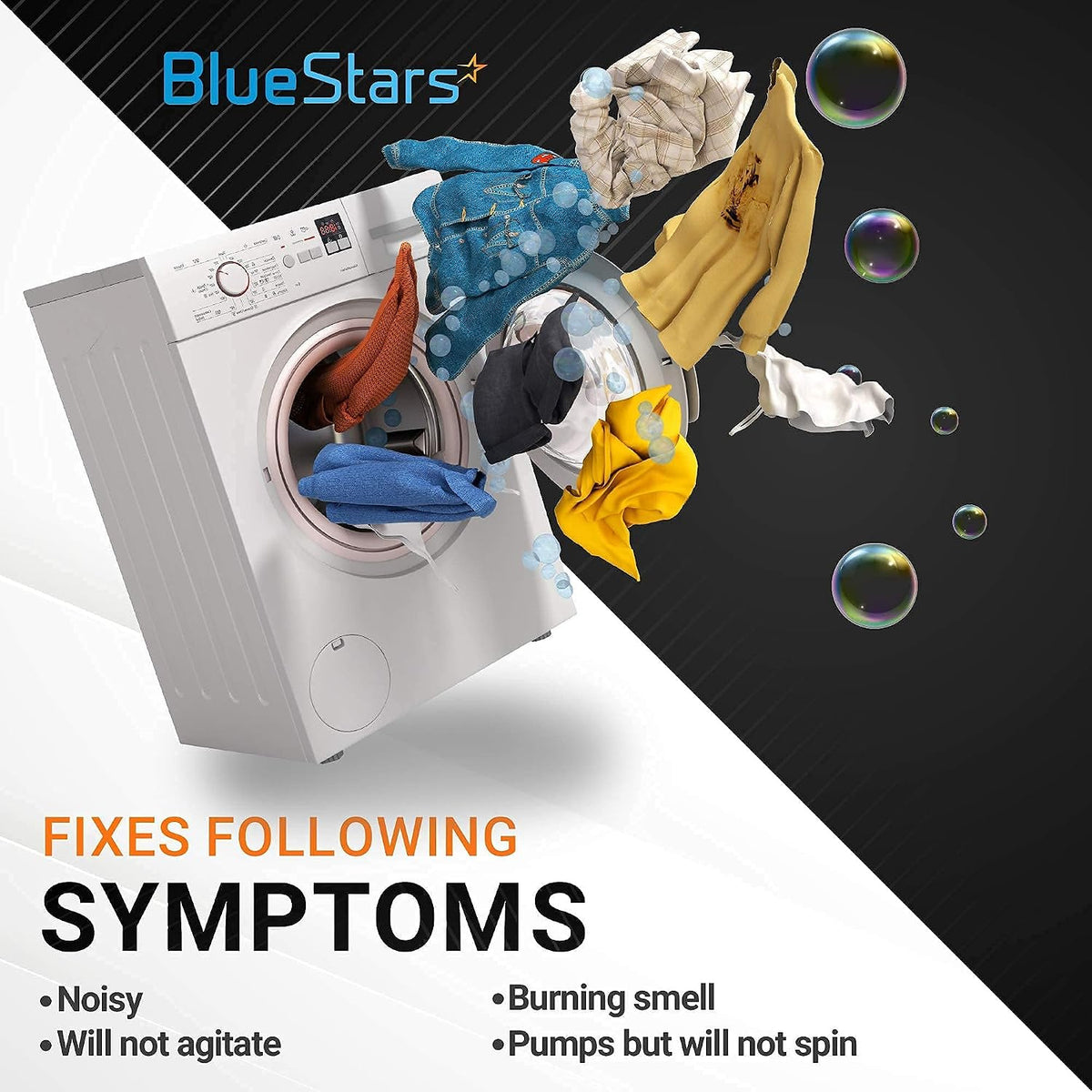 8540101 Washer Belt, symptom graphic showing a washing machine with clothes and listed washer symptoms