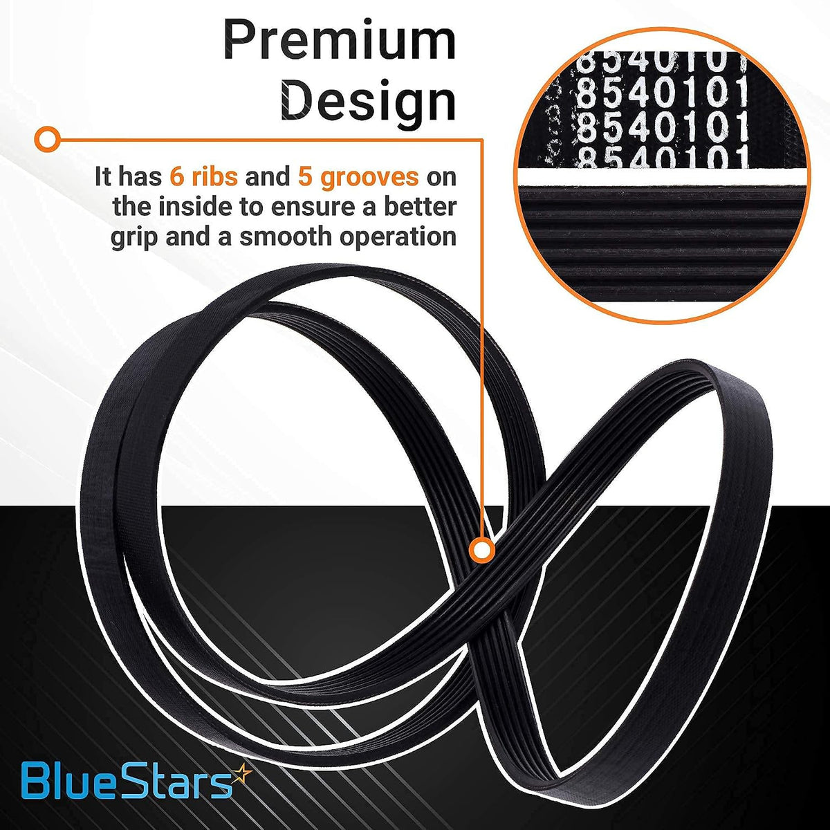 8540101 Washer Belt, ribbed belt shown with close-up of part number and 6-rib, 5-groove design