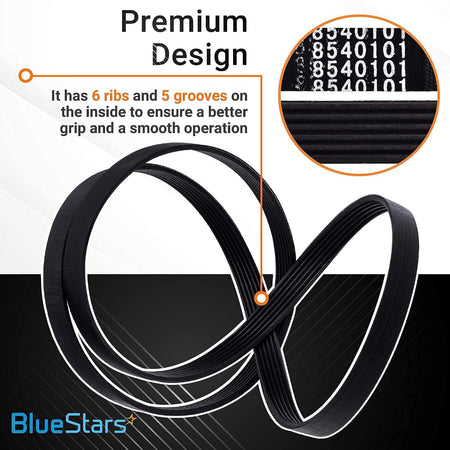 8540101 Washer Belt, ribbed belt shown with close-up of part number and 6-rib, 5-groove design
