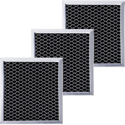 Set of three 5.3" x 5" microwave charcoal filters compatible with Whirlpool and Maytag appliances.