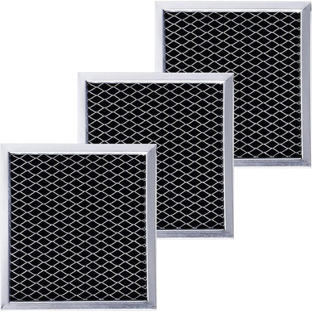 Set of three 5.3" x 5" microwave charcoal filters compatible with Whirlpool and Maytag appliances.