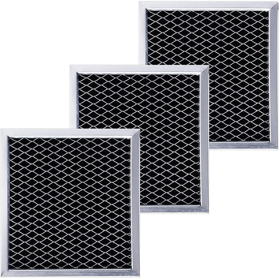 Set of three 5.3" x 5" microwave charcoal filters compatible with Whirlpool and Maytag appliances.