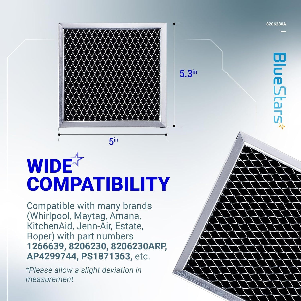 8206230A microwave charcoal filter showing 5.3" x 5" dimensions and compatibility information.