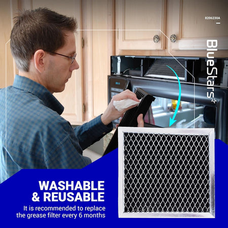 Man installing a replacement 8206230A microwave charcoal grease filter into an over-the-range microwave.