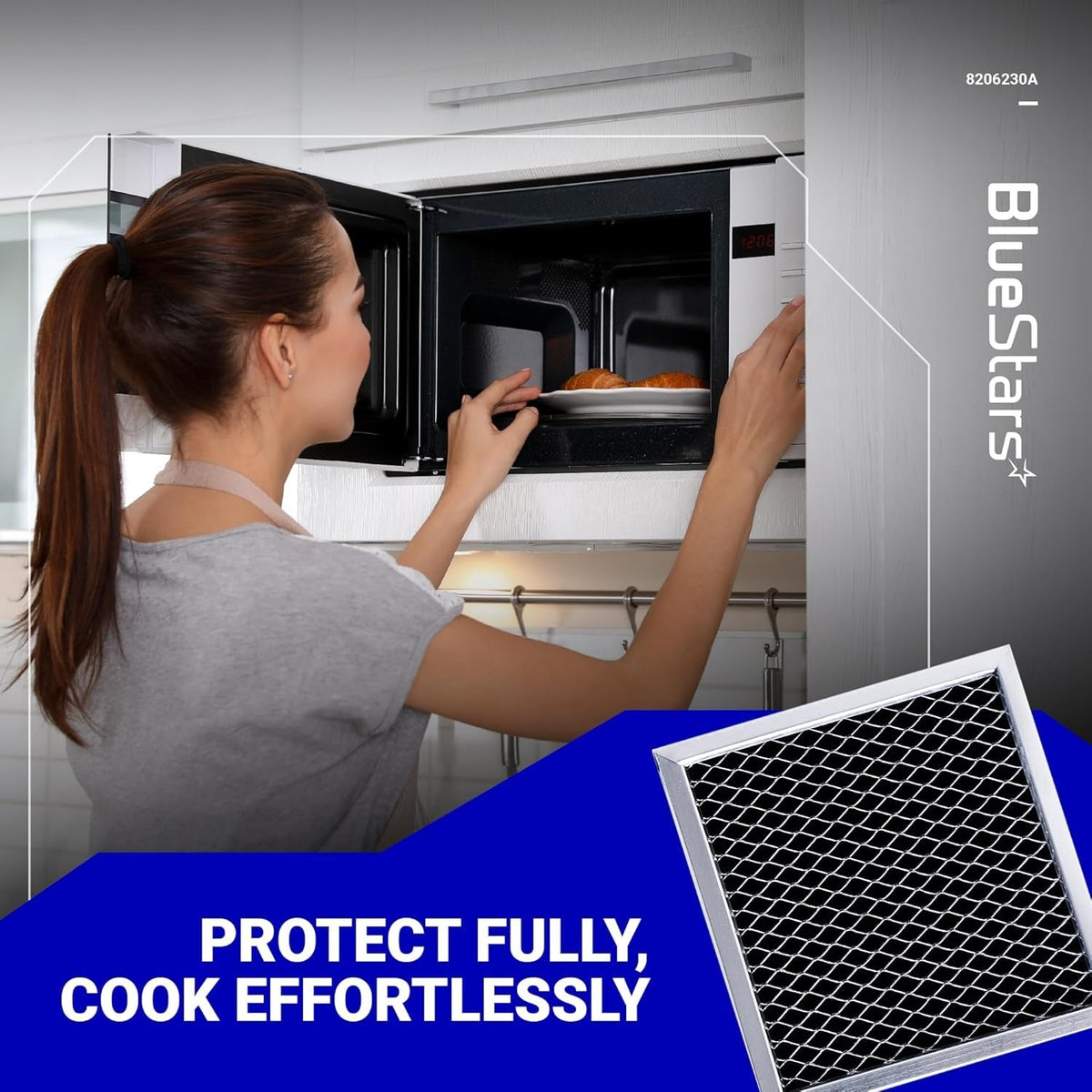 8206230A microwave charcoal filter replacement for Whirlpool and Maytag ovens shown in a lifestyle kitchen setting.