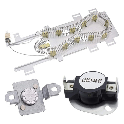 Dryer heating element and thermal fuse kit for Whirlpool, Kenmore, and Maytag dryers.