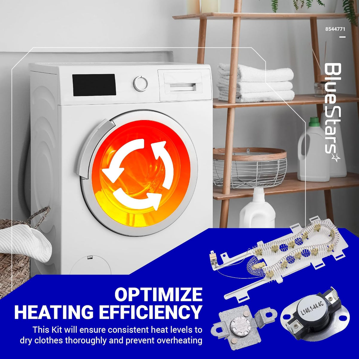 8544771 dryer heating element and 279973 thermal fuse kit for Whirlpool, Kenmore, and Maytag dryers.