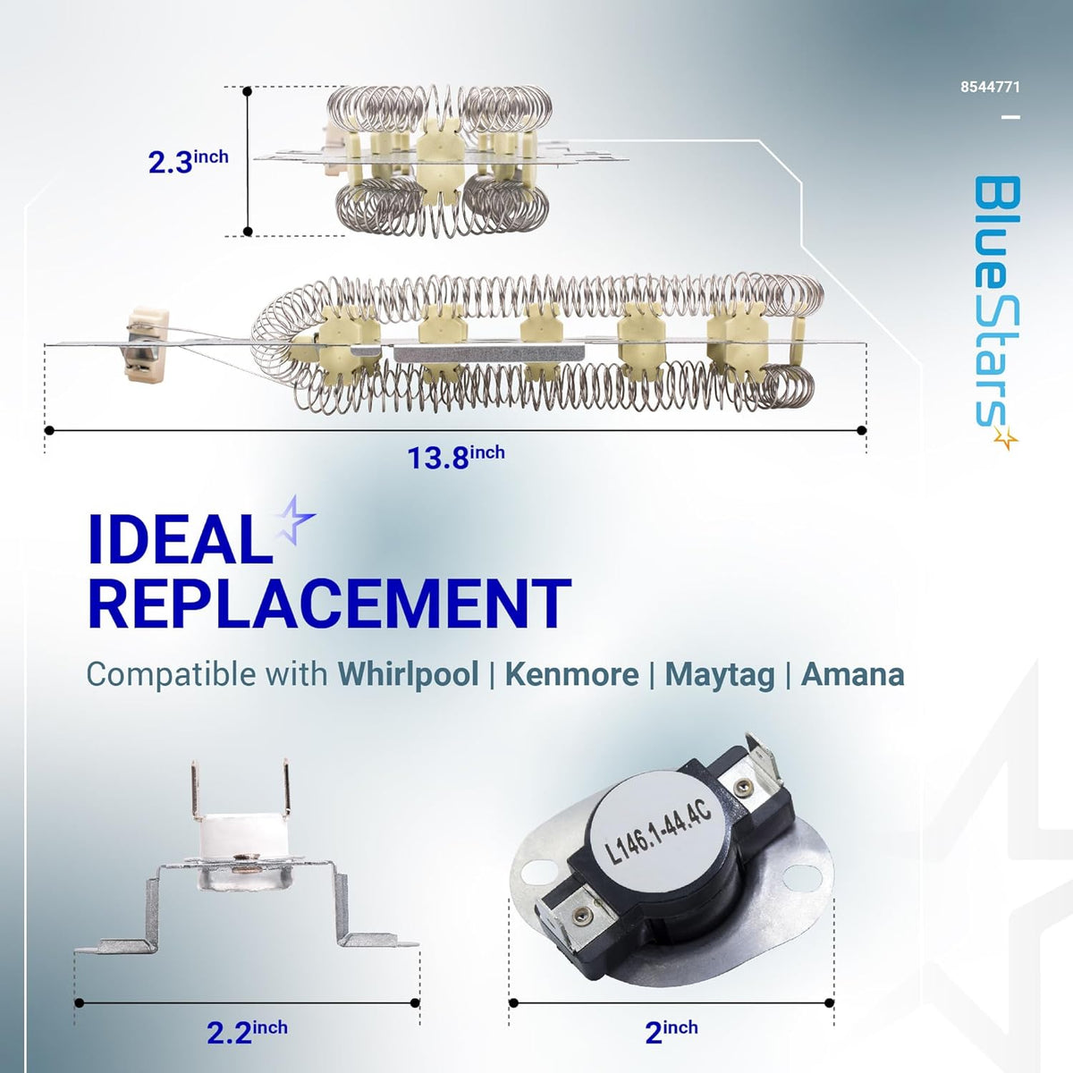 8544771 dryer heating element and 279973 thermal fuse kit with dimensions for Whirlpool, Kenmore, and Maytag dryers.