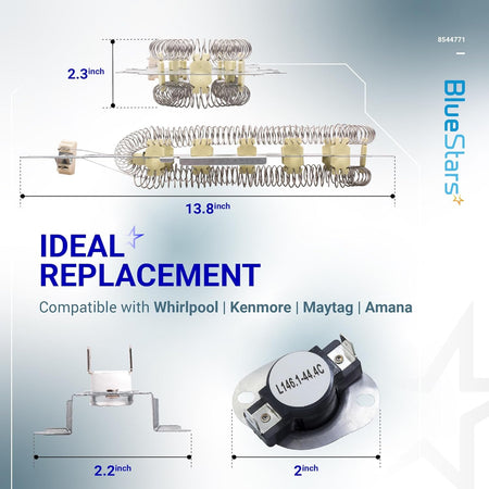 8544771 dryer heating element and 279973 thermal fuse kit with dimensions for Whirlpool, Kenmore, and Maytag dryers.