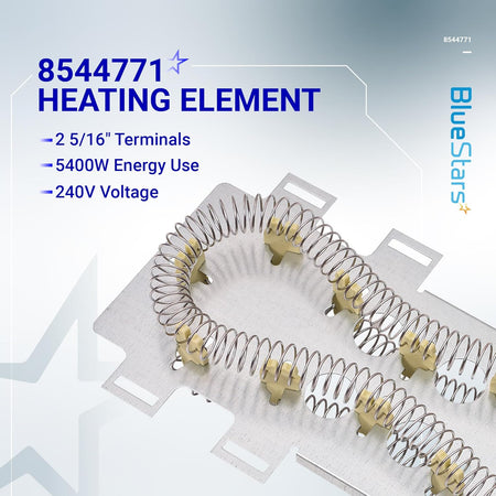 8544771 dryer heating element with 5400W 240V coil assembly for Whirlpool, Kenmore, and Maytag dryers.