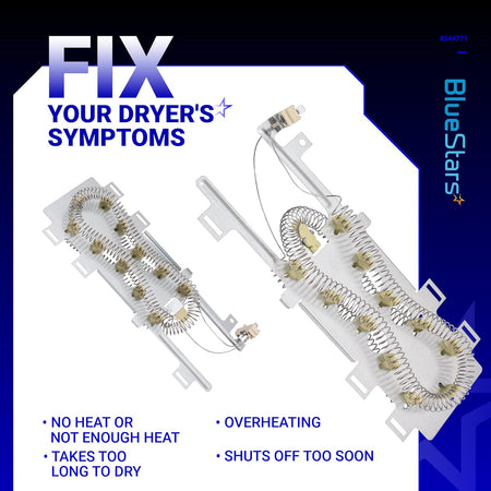 Two 8544771 dryer heating elements shown from different angles for Whirlpool, Kenmore, and Maytag dryers.