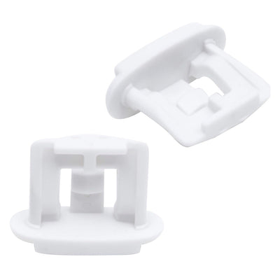 Two white WD12X10304 dishwasher upper rack slide end caps shown from different angles.