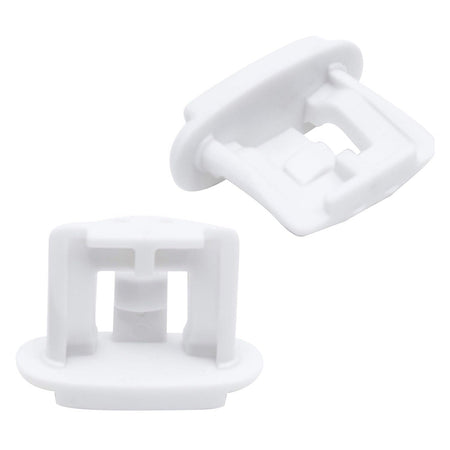 Two white WD12X10304 dishwasher upper rack slide end caps shown from different angles.
