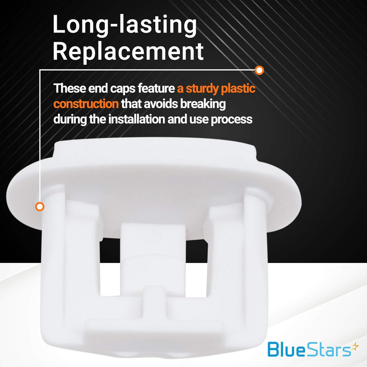 Close-up of white plastic dishwasher upper rack slide end cap replacement part.