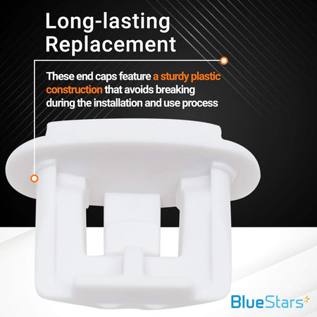 Close-up of white plastic dishwasher upper rack slide end cap replacement part.