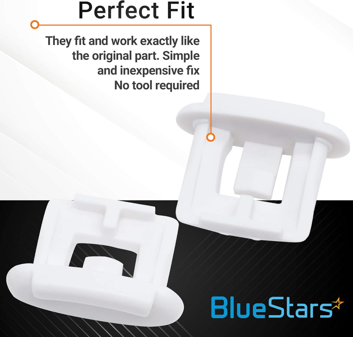 Two white WD12X10304 dishwasher upper rack slide end caps with informational text overlay.