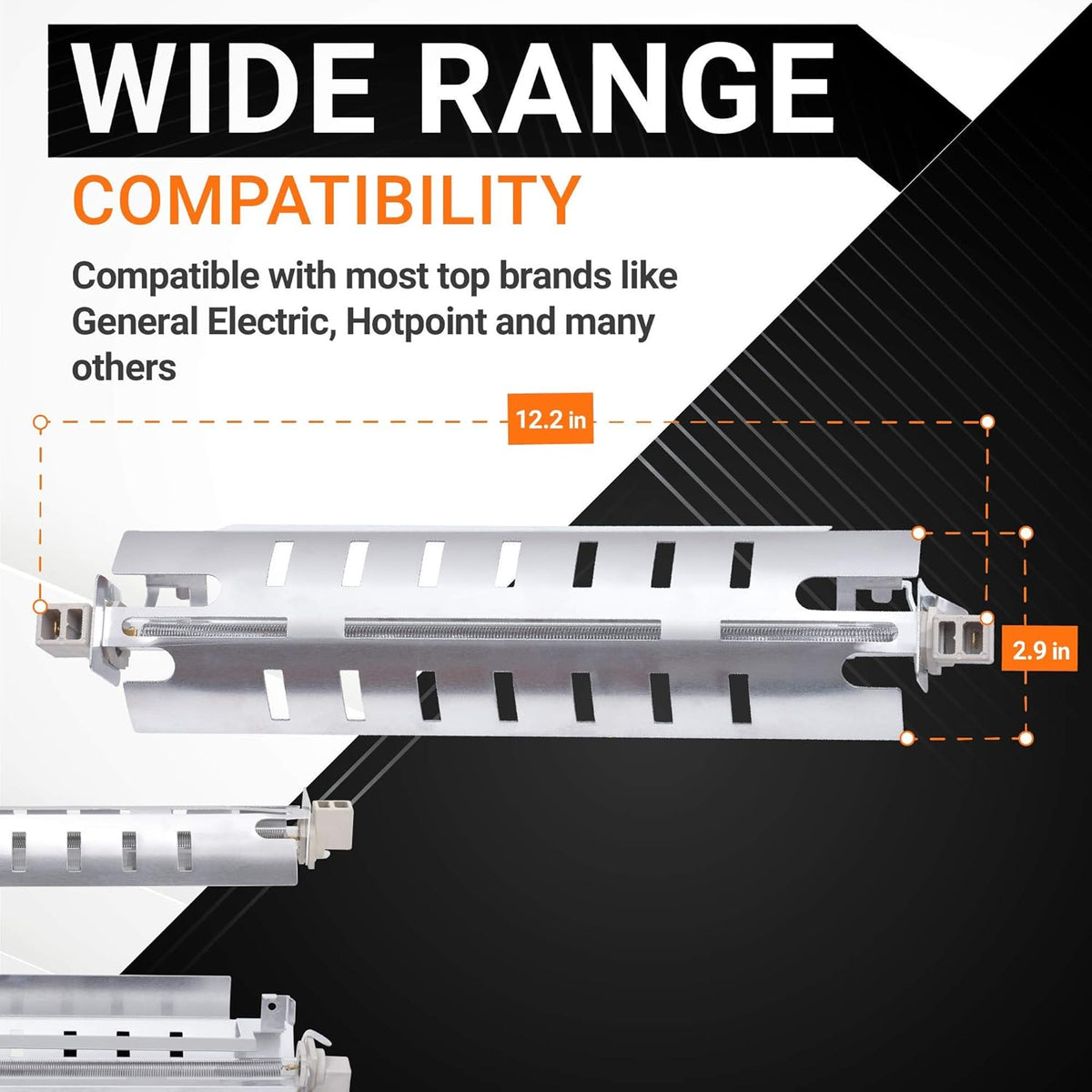 WR51X10055 refrigerator defrost heater with metal shield showing 12.2 inch by 2.9 inch dimensions for compatibility.