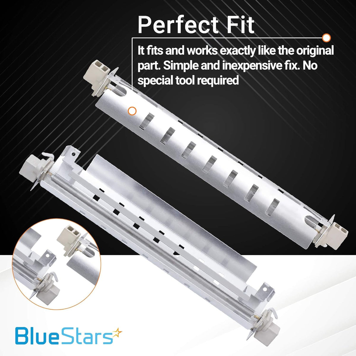 WR51X10055 refrigerator defrost heater with metal shield showing multiple angles and installation details.