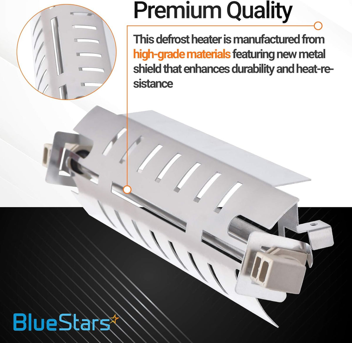 WR51X10055 refrigerator defrost heater with protective metal shield and close-up detail of high-grade material construction.