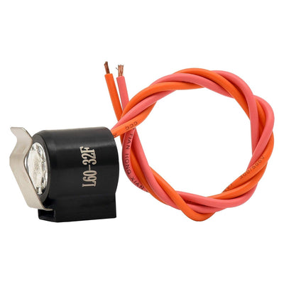 WR50X122 refrigerator defrost thermostat with L60-32F sensor and orange and pink lead wires.