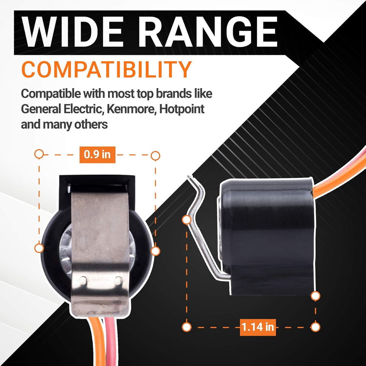 WR50X122 refrigerator defrost thermostat showing dimensions and compatibility for GE, Kenmore, and Hotpoint models.