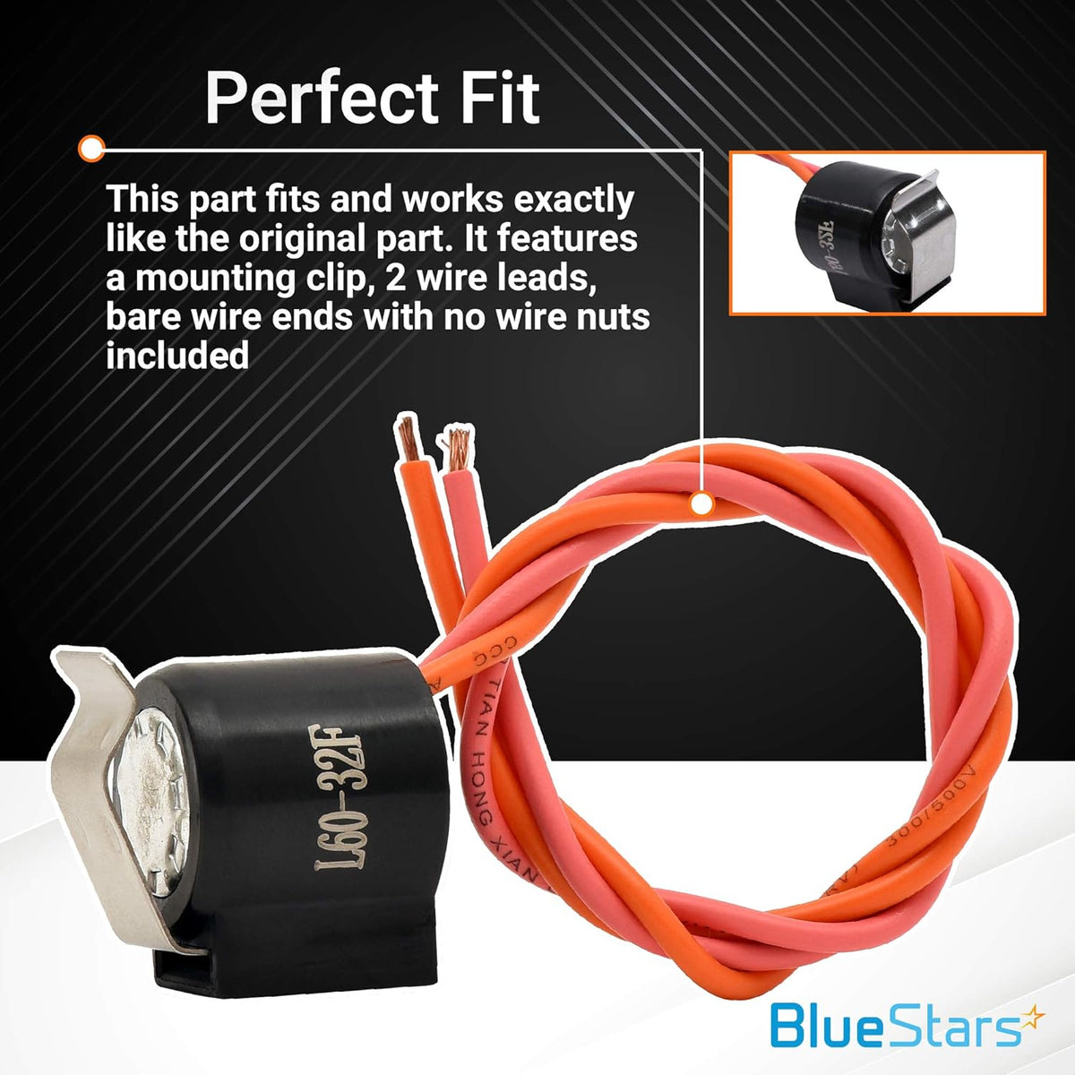 WR50X122 refrigerator defrost thermostat with mounting clip and two wire leads with bare ends.