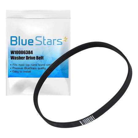 W10006384 washer drive belt with Blue Stars branded packaging for Whirlpool, Maytag, and Kenmore washing machines.
