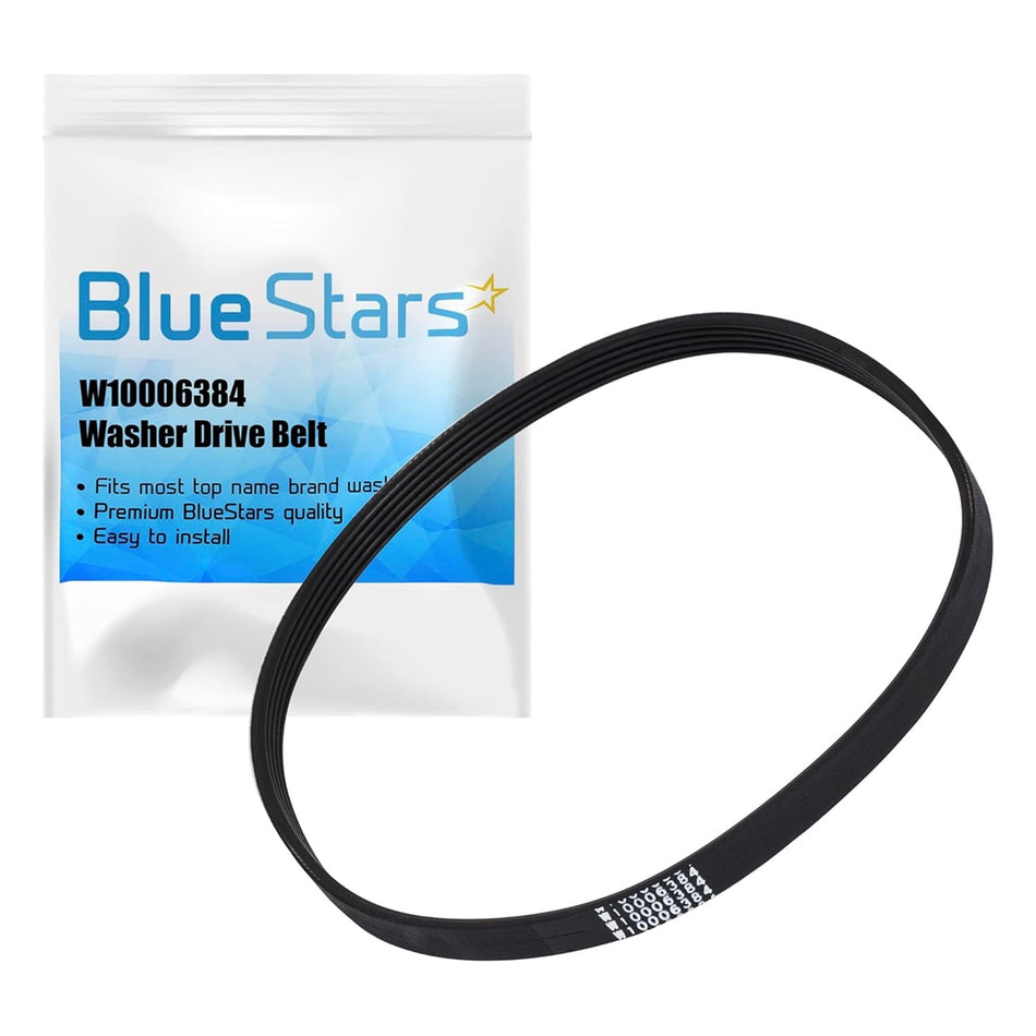 W10006384 washer drive belt with Blue Stars branded packaging for Whirlpool, Maytag, and Kenmore washing machines.