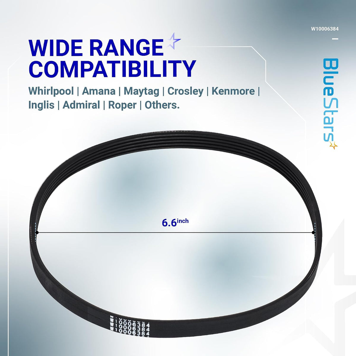 W10006384 W11239857 Washer Drive Belt shown with a 6.6-inch diagram and wide compatibility text