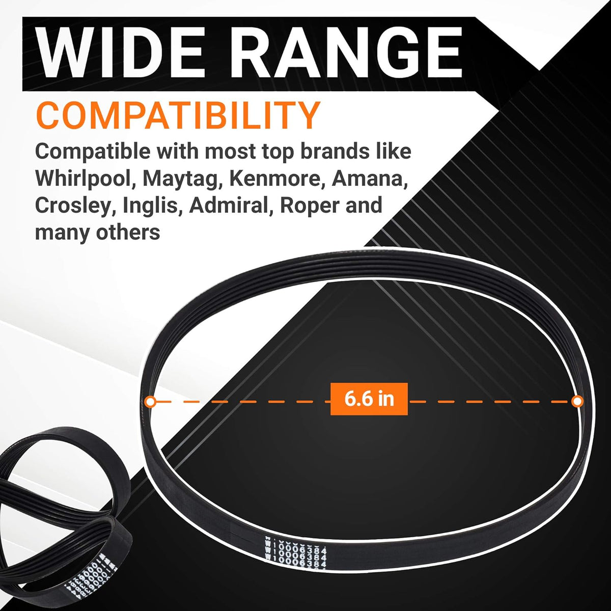 W10006384 washer drive belt showing 6.6-inch diameter compatibility graphic for Whirlpool and Maytag washing machines.