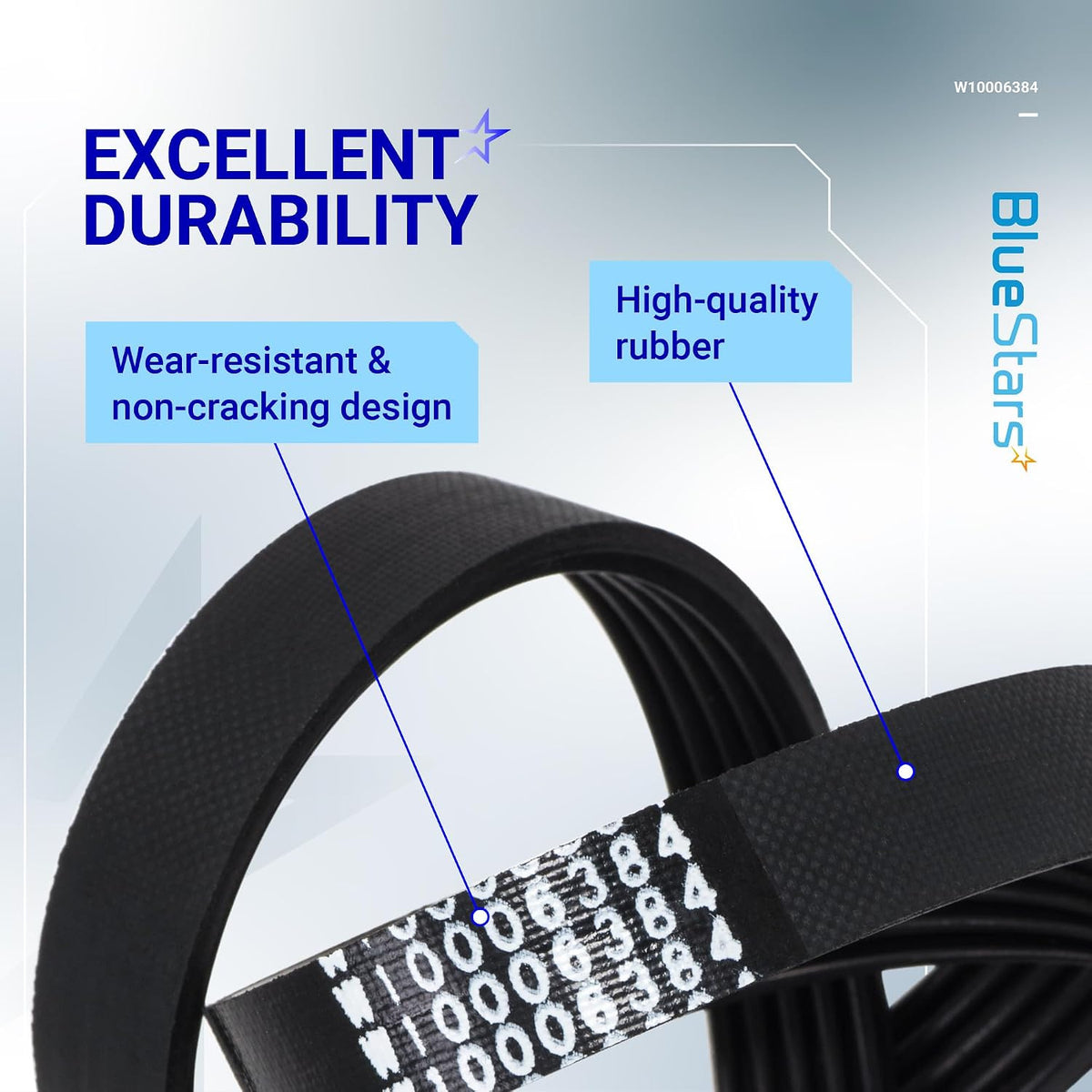 W10006384 W11239857 Washer Drive Belt, close-up showing black belts with printed part numbers and durability callouts