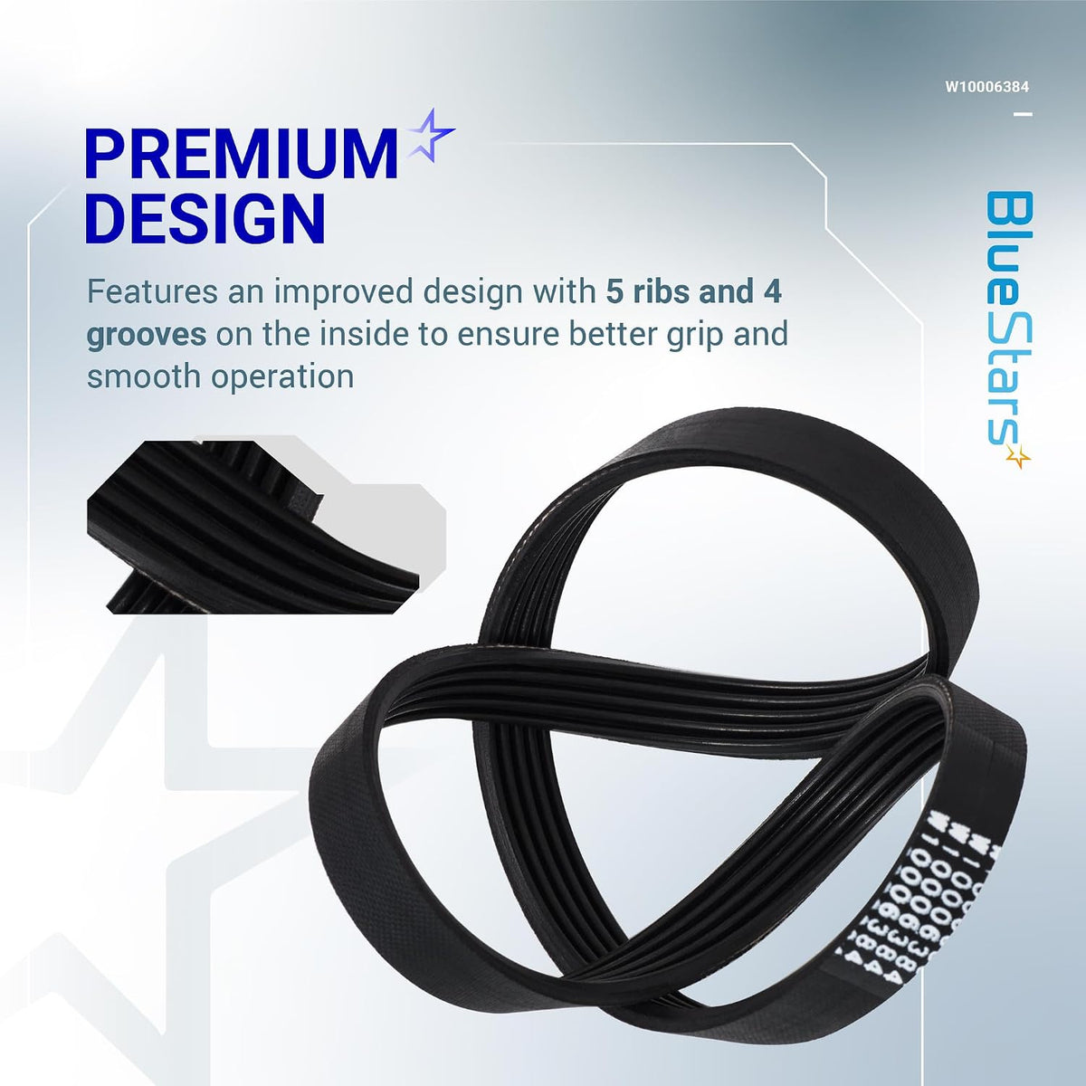 W10006384 Washer Drive Belt promotional graphic showing a black ribbed belt and close-up of its grooved profile